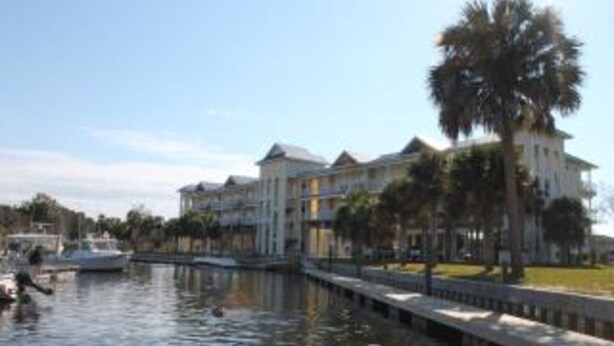 A waterfront property with a large building, a dock with boats, and a palm tree.