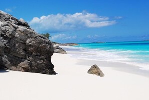On the beach, sun-loungers, beach towels