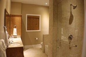 Une salle de bain avec un lavabo, des toilettes et une douche.