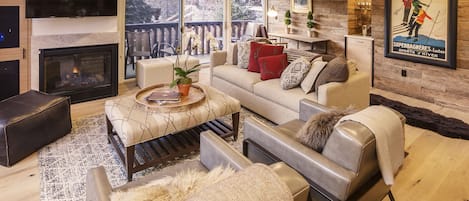 TV, fireplace, DVD player, music library