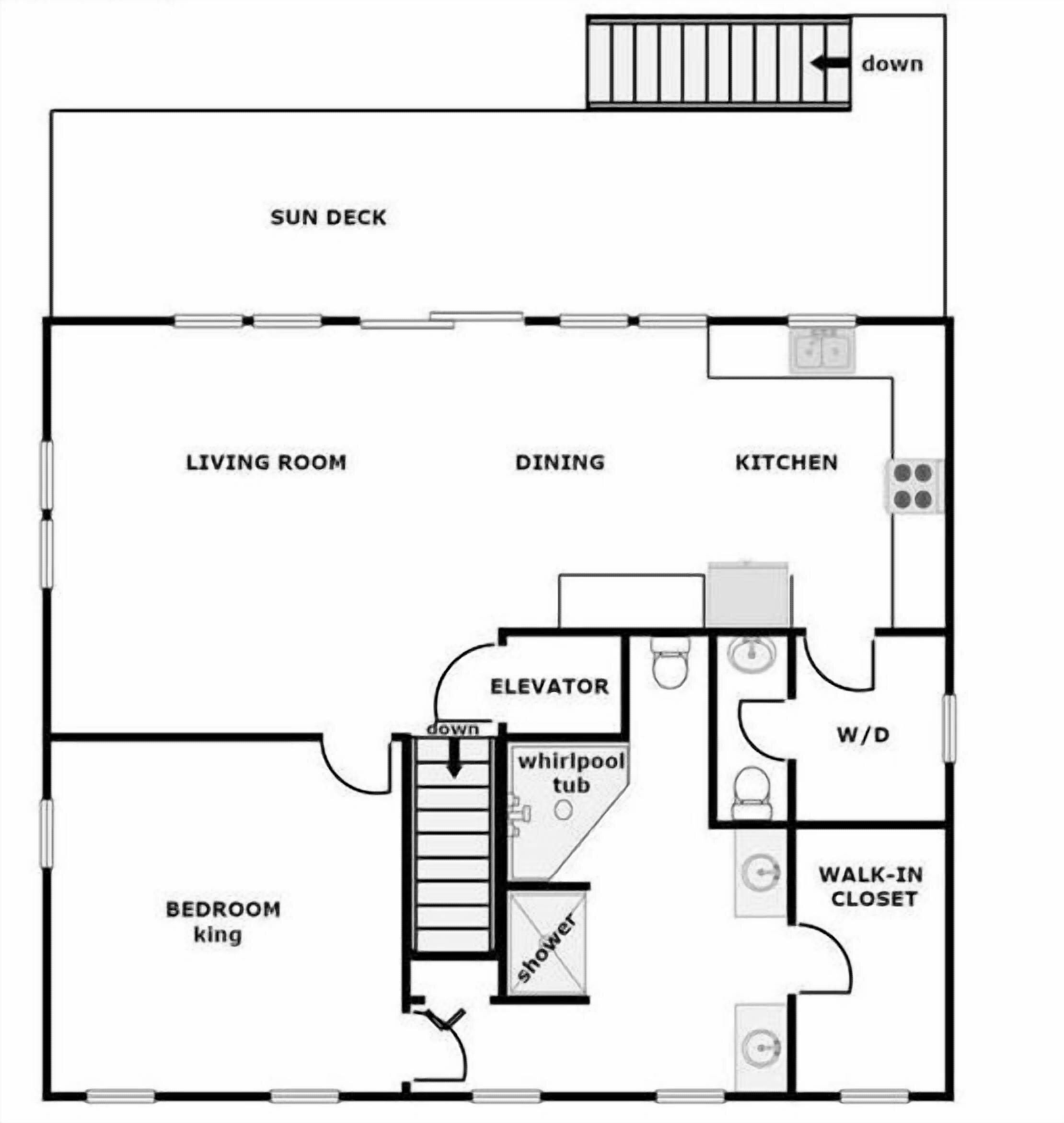 A floor plan with a sun deck, living room, dining area, kitchen, bedroom, walk-in closet, and a whirlpool tub.