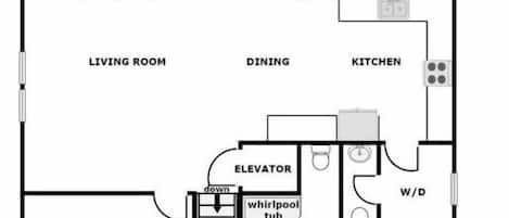 Planta baixa mostrando um deque ensolarado, sala de estar, área de refeições, cozinha, quarto, closet amplo e banheira de hidromassagem.