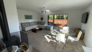 Smart TV, fireplace, books