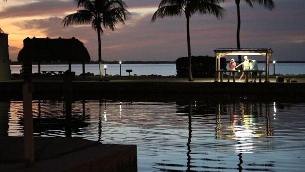 A sunset view with palm trees and a dock. - Waterfront Islamorada Condo – Heated Pool, Marina & Deeded Boat Slip (Tavernier)