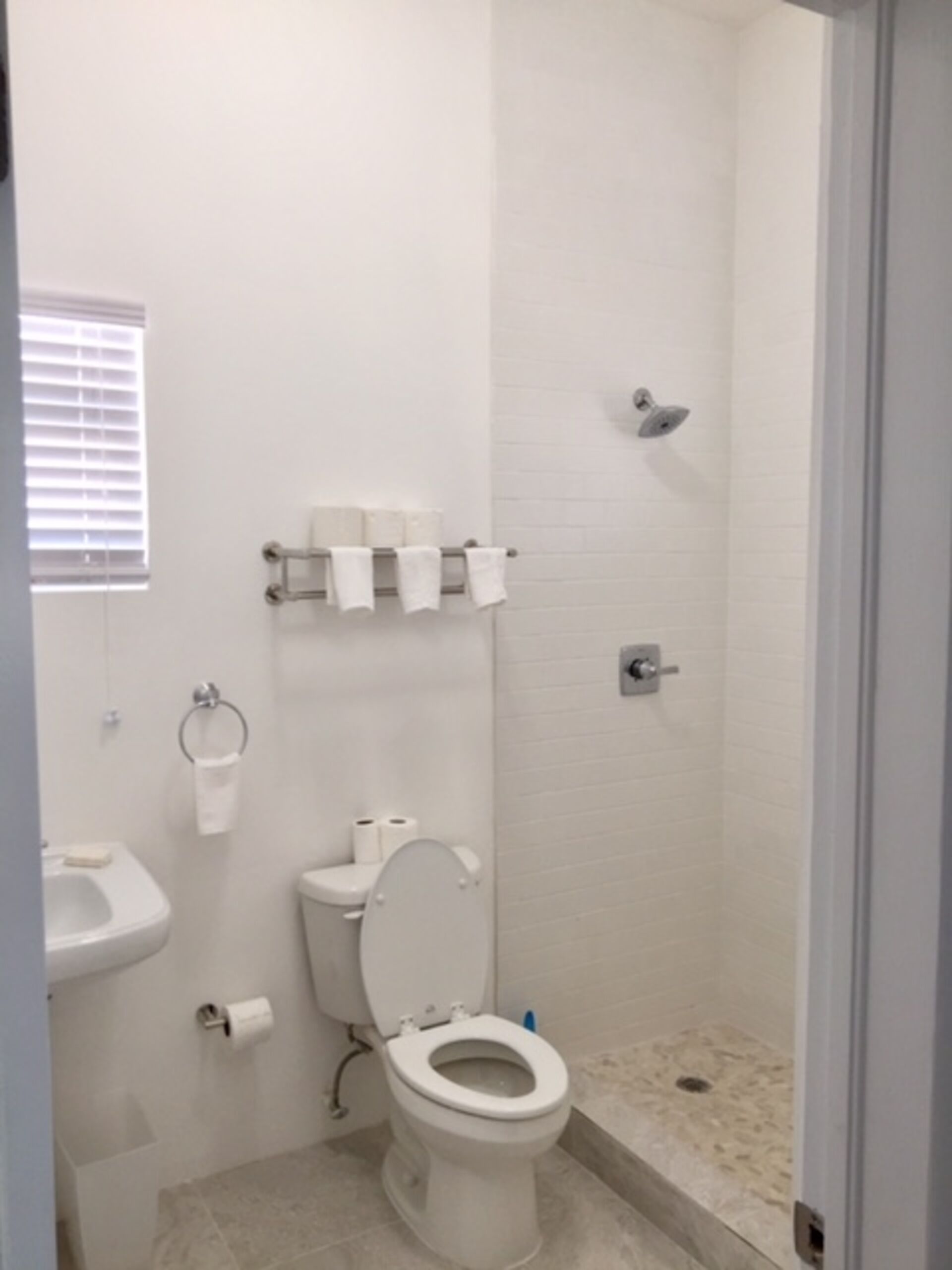 Een kleine, witte badkamer met toilet, wastafel en douche.