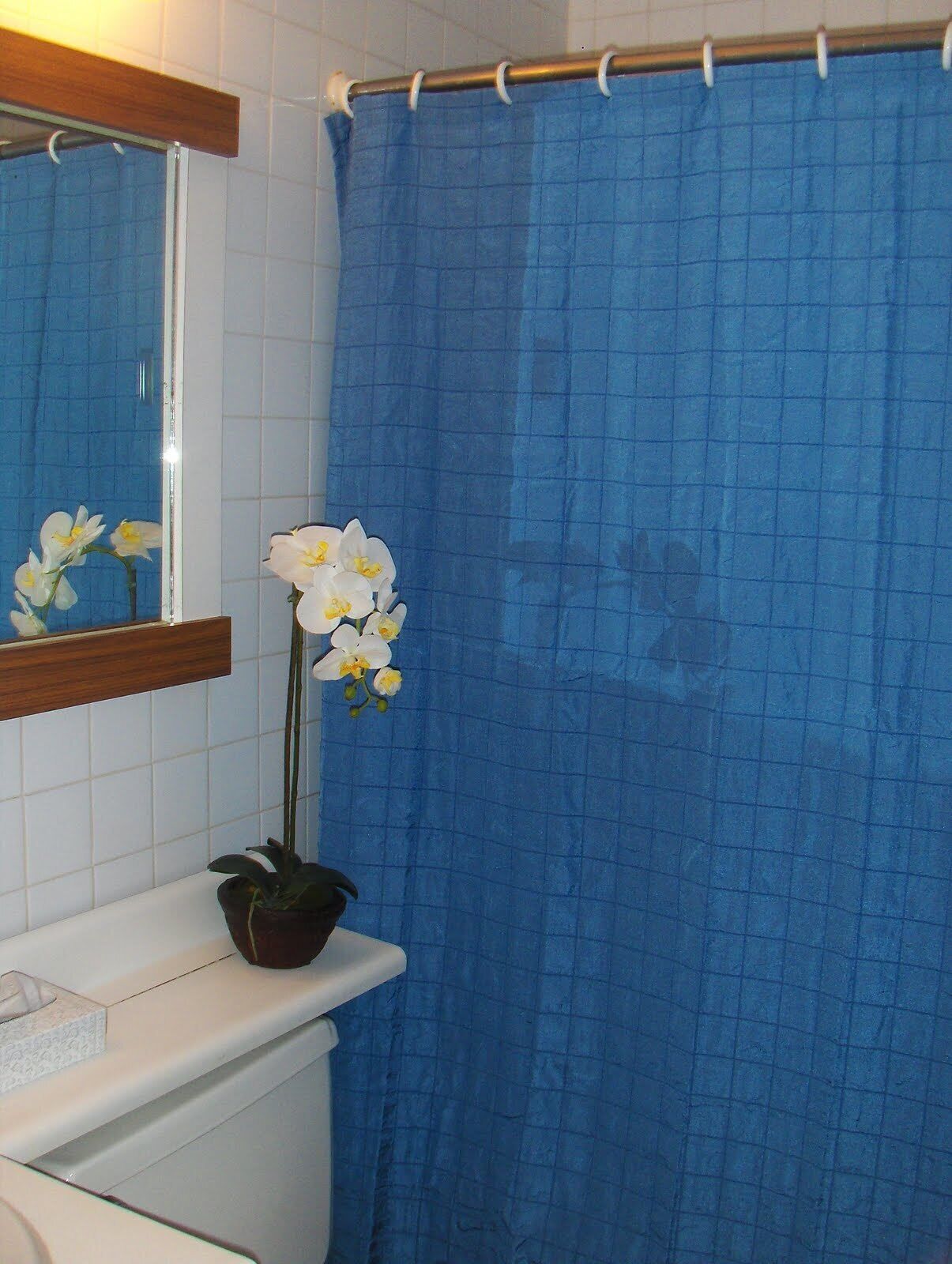 Een badkamer met een blauw douchegordijn, een spiegel boven een wastafel en een orchidee in een pot op de wastafel.