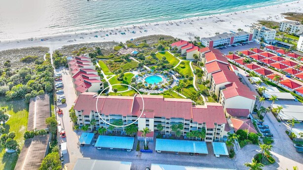 An aerial view of a resort with multiple buildings, a swimming pool, and a beach. - 4th Floor Crescent Beach Condo Offering Full Unobstructed Gulf Views.

  (Siesta Key)