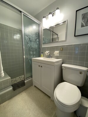 Ensemble douche/baignoire, sèche-cheveux, serviettes fournies, savon