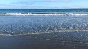 Une plage où les vagues viennent doucement lécher le rivage.