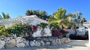 Una casa blanca con techo de tejas, rodeada por un camino de grava, un muro de piedra y diversas plantas, incluyendo buganvillas y palmeras.