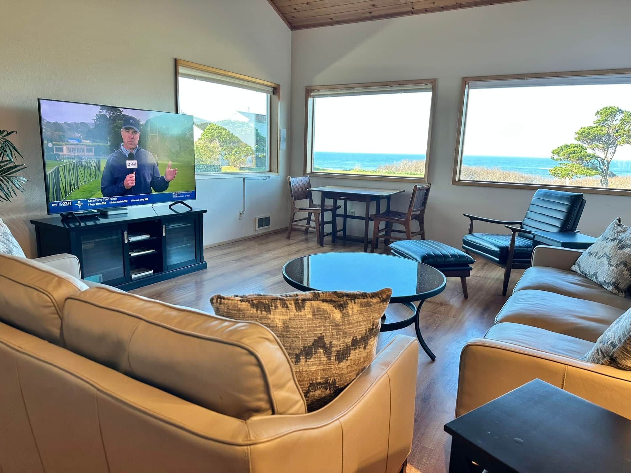 A living room with a television, leather sofa, a coffee table, and a view of the ocean through large windows.