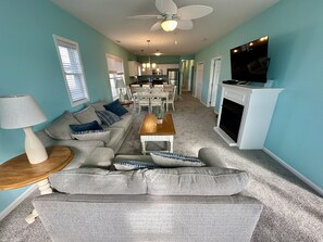 TV, fireplace, books