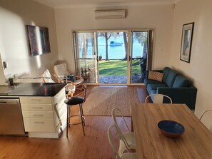 Smart TV, fireplace, DVD player, books