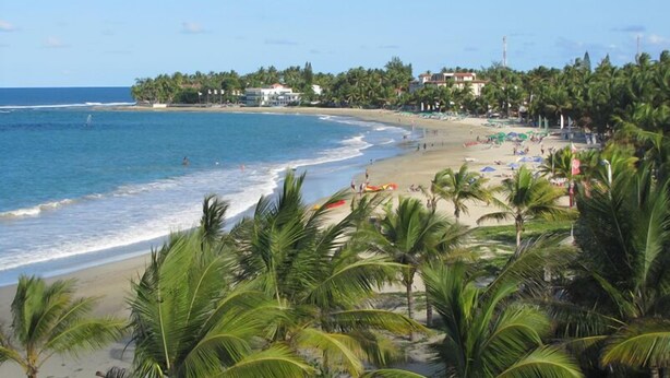 A beach with palm trees, a sandy shore, and a view of the ocean. - Luxury Beachfront Residence in the best location,  center of Cabarete Bay (Cabarete)