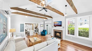 Smart TV, caminetto, lettore DVD, libri