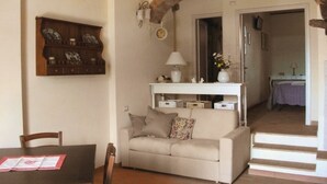 Un salon comprenant un canapé, une table basse, une cheminée et un coin repas avec une table et des chaises.