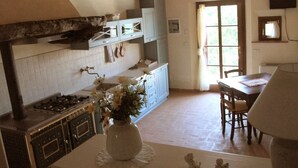 Une cuisine équipée d’une cuisinière, de placards et d’un vase rempli de fleurs posé sur le plan de travail.