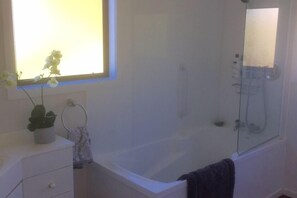 Combined shower/bathtub, hair dryer, soap, toilet paper - Teaghlach: Tapeka / Russell Holiday Home (Tapeka Point (Russell))
