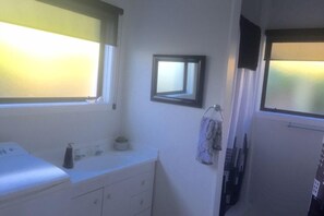 Duschwanne, Haartrockner, Seife, Toilettenpapier