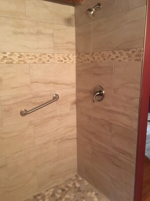 Regadera, secadora de cabello, papel de baño 