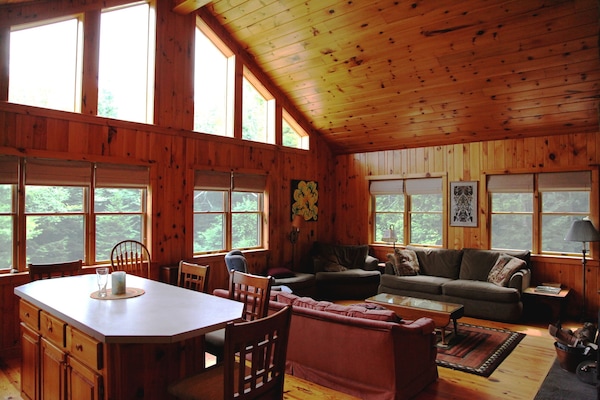 Combined living room/kitchen with cathedral ceilings.