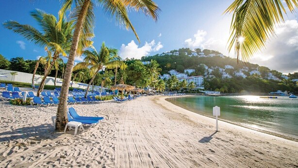 A beach with blue lounge chairs, palm trees, and a clear view of the ocean. - Ultimate Caribbean Getaway: 3 beaches, Cook, Housekeeper & Valet, 24x7 Concierge (Gros Islet)
