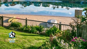 A beachfront property with a pool, a fenced area with beach chairs, and a logo indicating pet-friendly accommodation. - Holiday Home with Private Beach & Stunning Views! (Encounter Bay)