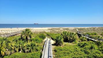 A beach pathway leading to the ocean with a ship in the distance.