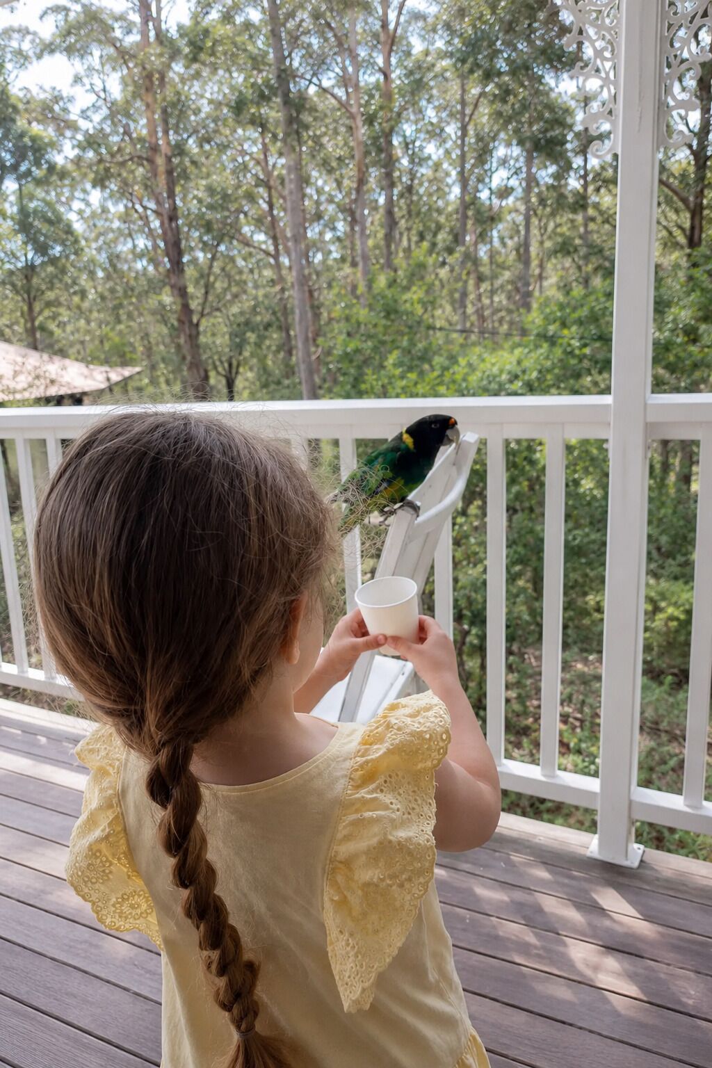 A child on a wooden deck holding a cup, with a bird perched on a railing.
