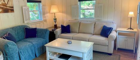 A cozy living room with a blue patterned sofa, a white coffee table, and a beige sofa with blue pillows. There are two windows with shutters, a lamp on a side table, and an air conditioning unit on the wall.
