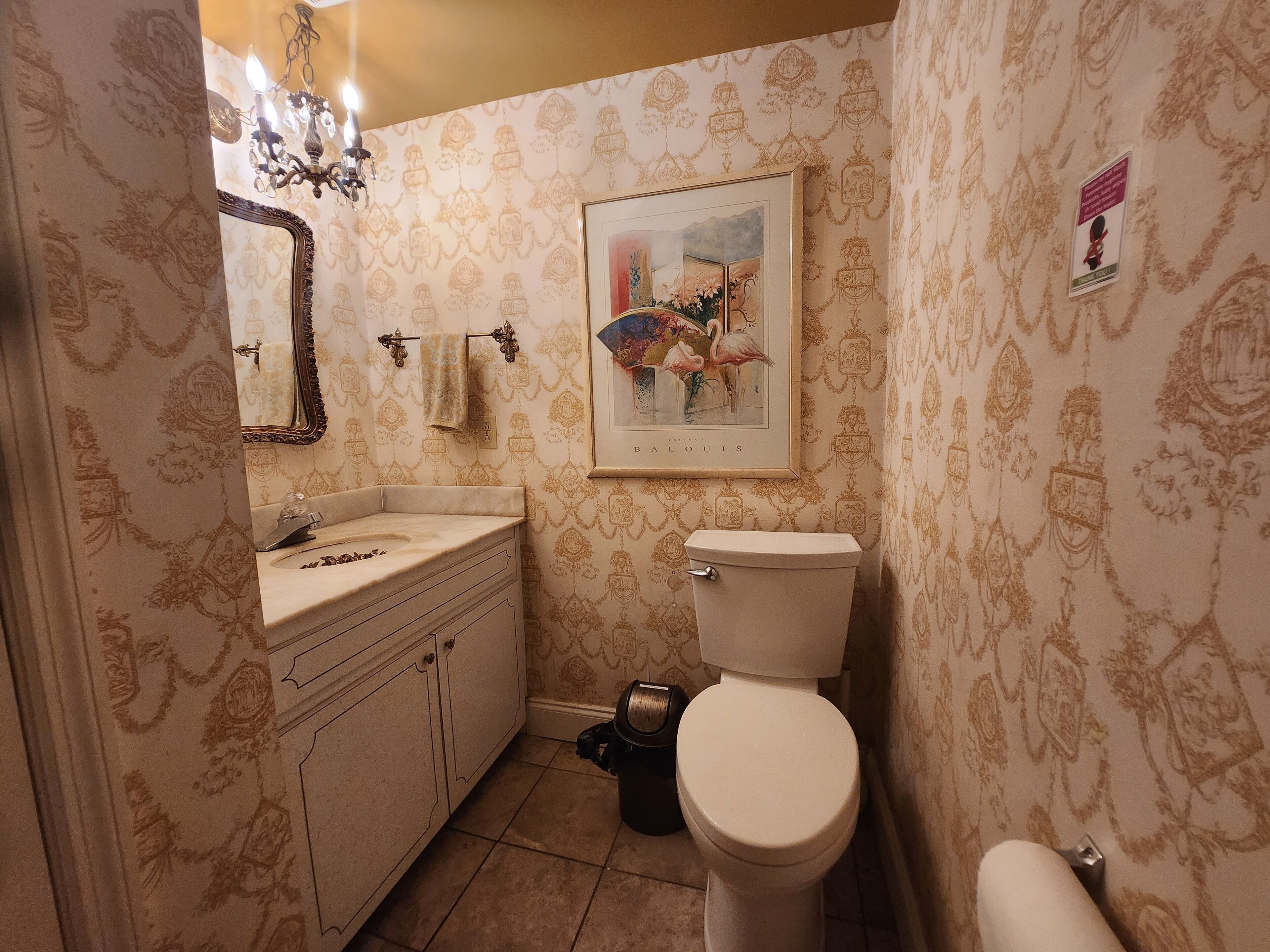 Une salle de bain avec un papier peint à motifs, un lavabo, des toilettes et un tableau encadré au mur.