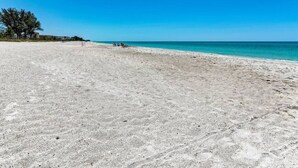 A wide sandy beach with a clear blue sky and calm sea. - Sea Grape Inn #5- Beachfront Property (Longboat Key)