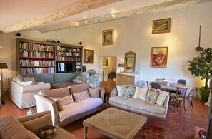 Smart TV, fireplace, DVD player, books