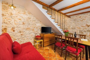 TV, fireplace, books