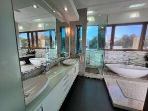 Bathtub, hair dryer, bidet, towels