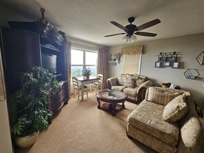 TV a schermo piatto, caminetto