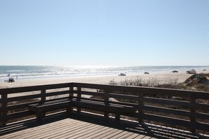 On the beach, sun-loungers