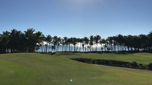 A golf course with a clear view of the ocean and palm trees in the background.