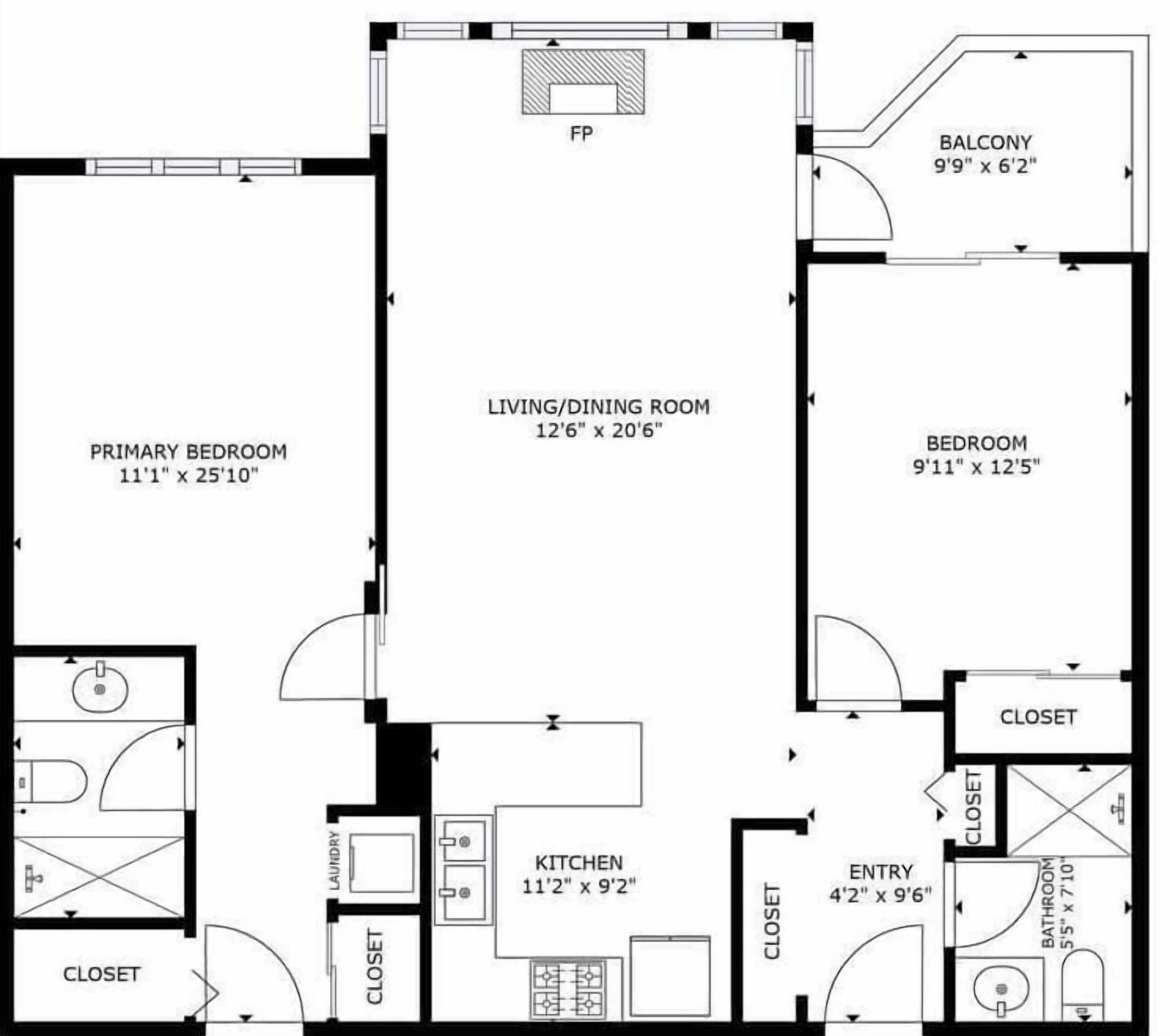 Plano de planta que muestra un dormitorio principal, sala de estar/comedor, cocina y un balcón.