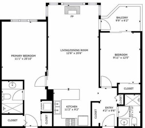 A floor plan with a primary bedroom, living/dining room, kitchen, and a balcony.