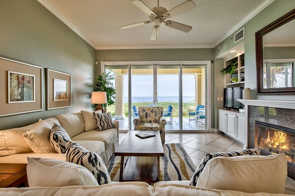 TV, fireplace, toys, books