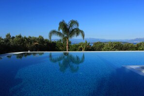 A clear blue infinity pool with a palm tree in the center, surrounded by lush greenery and a clear sky.