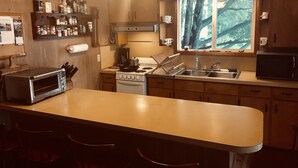 A compact kitchen with a stove, oven, microwave, and a small sink. There is a window with a view of trees, and a shelf with various kitchen items. - Cayuga Lake Cottage near Ithaca, Taughannock Falls State Park and Trumansburg, N (Trumansburg)