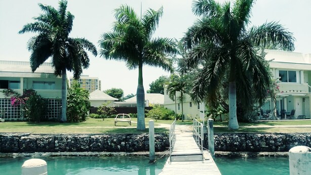 A wooden dock leading to a turquoise pool, surrounded by palm trees and modern buildings. - 24 gated security studio apartment,  Seawind on the bay Freeport Mobay (Montego Bay)