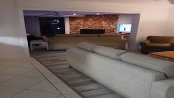 Smart TV, chimenea, reproductor de DVD y libros