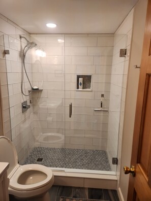 Douche, sèche-cheveux, serviettes fournies, savon