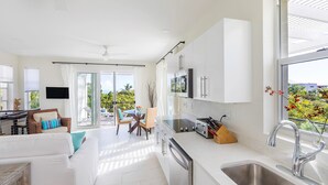A modern kitchen with a large island, stainless steel appliances, and a view of the outdoors.
