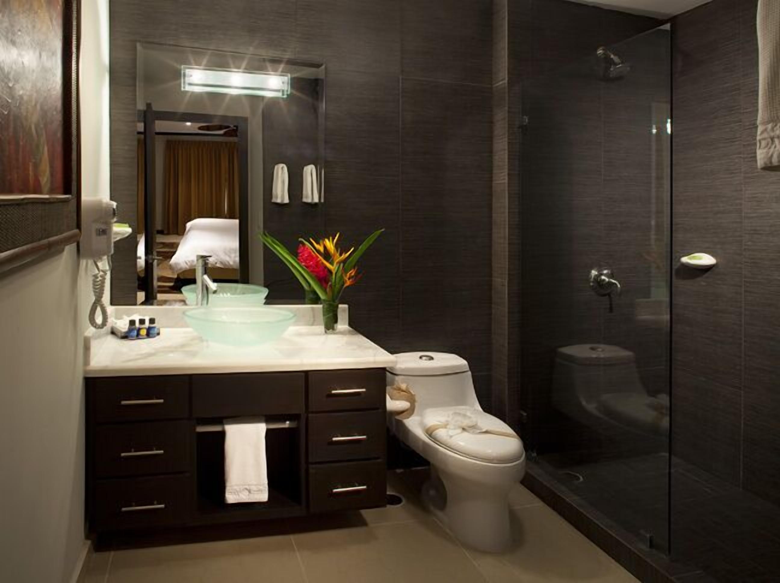 Regadera, toallas, jabón, papel de baño 