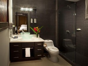 Shower, towels, soap, toilet paper