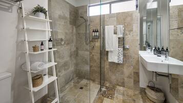 Shower, hair dryer, towels, soap